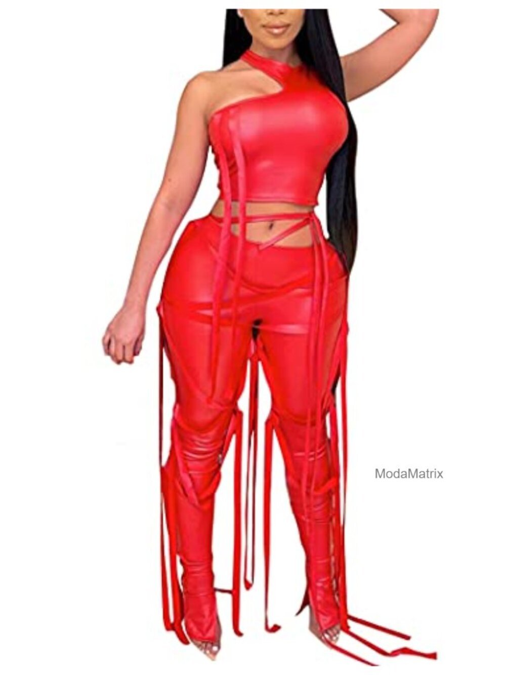 Sleeveless Lace Up Crop Top & Split Pants 2 Piece Bodycon Set